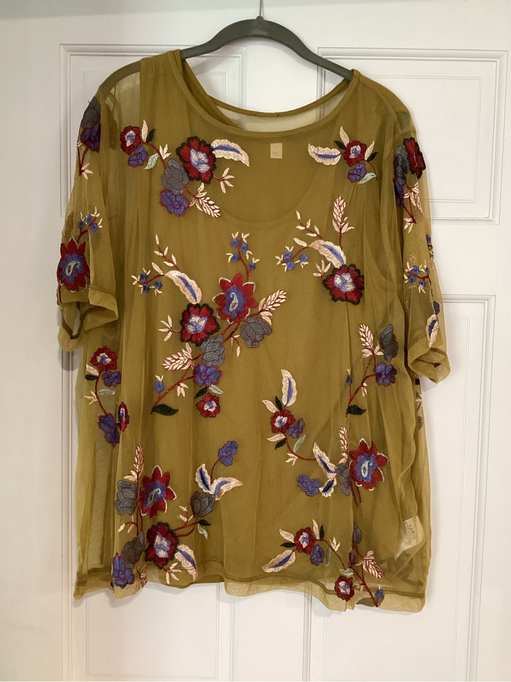 Olive Floral Embroidered Sheer Women's Blouse